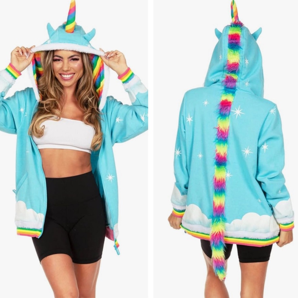 Tipsy Elves Halloween Hoodie Easy Lazy Costume Unicorn-Themed Blue Zip Jacket L
